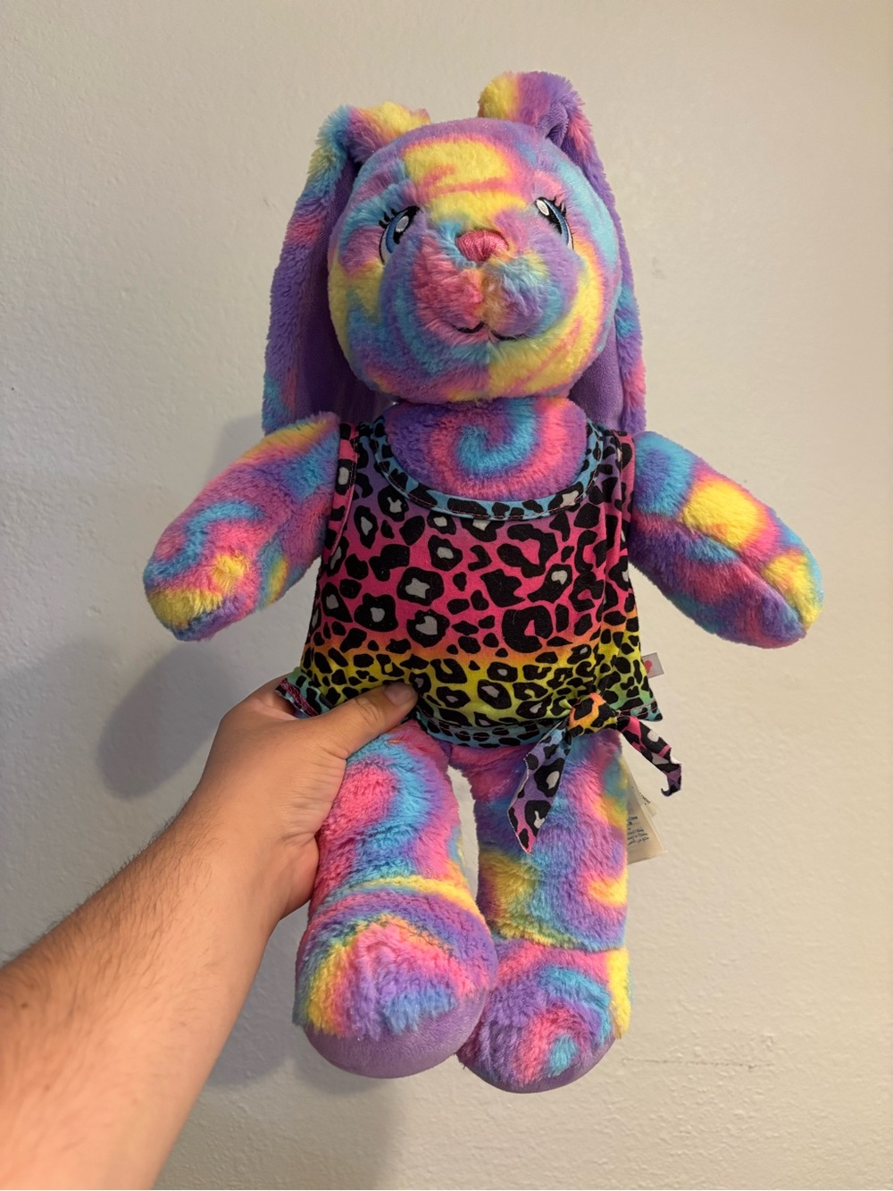 Build-A-Bear Rainbow Tie-Dye Bunny with Pink and Yellow Leopard Tank Top